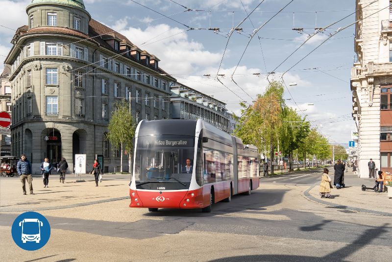 Visualisierung eines Gelenk-Batterie-Trolleybusses (lighTram® 19 DC) auf dem Zentralplatz Biel. Quelle: Carrosserie Hess AG