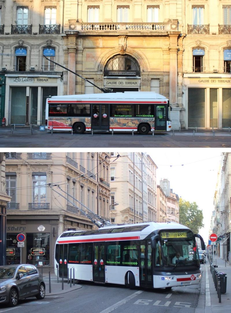 Foto: oben: MAN/Hess/Kiepe-Kleintrolleybus 1714 trägt noch immer Motive aus dem Viertel, mit denen er vor 20 Jahren in Dienst gestellt wurde. unten: Cristalis 1827 ist einer der überarbeiteten Wagen, dies ist jedoch äußerlich nicht erkennbar. Aufnahmen: J. Lehmann, 20.09.2018