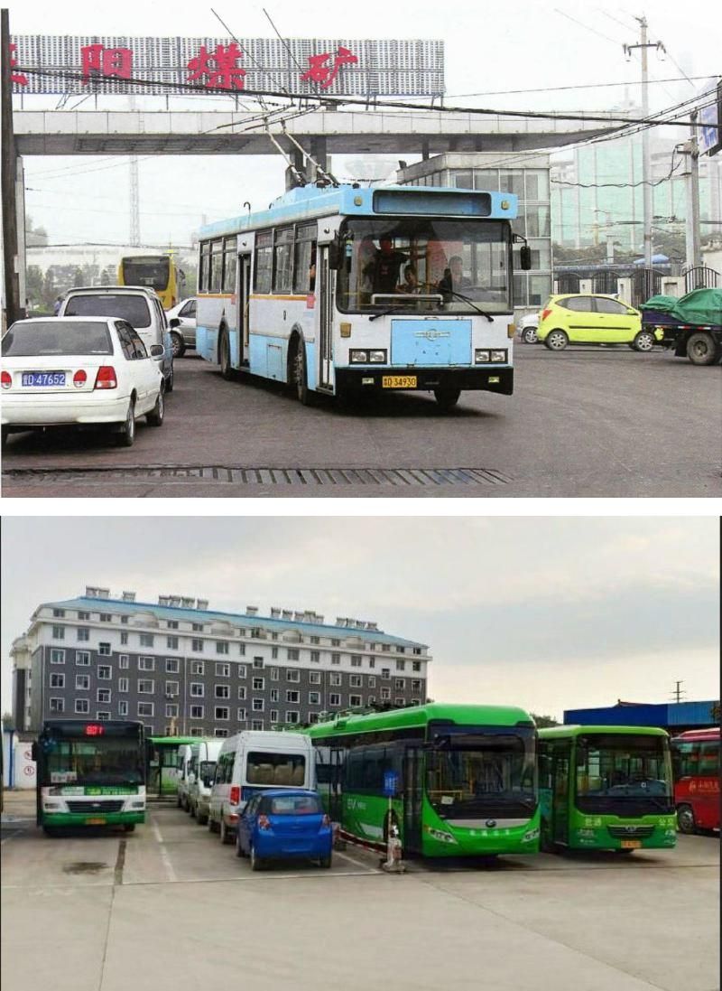 Fotos: oben: Einer der 12m-Trolleybusse des Typs BJD WG120 startet vom Eingang der Kohlemine zur knapp 2 km entfernten Wohnsiedlung. Aufnahme: David Pearson, 12.08.2012 unten: Einer der bestellten neuen Batterie-Trolleybusse der Firma Yutong wartet auf den ersten Einsatz. Aufnahme aus dem Forum tieba.baidu.com, siehe: